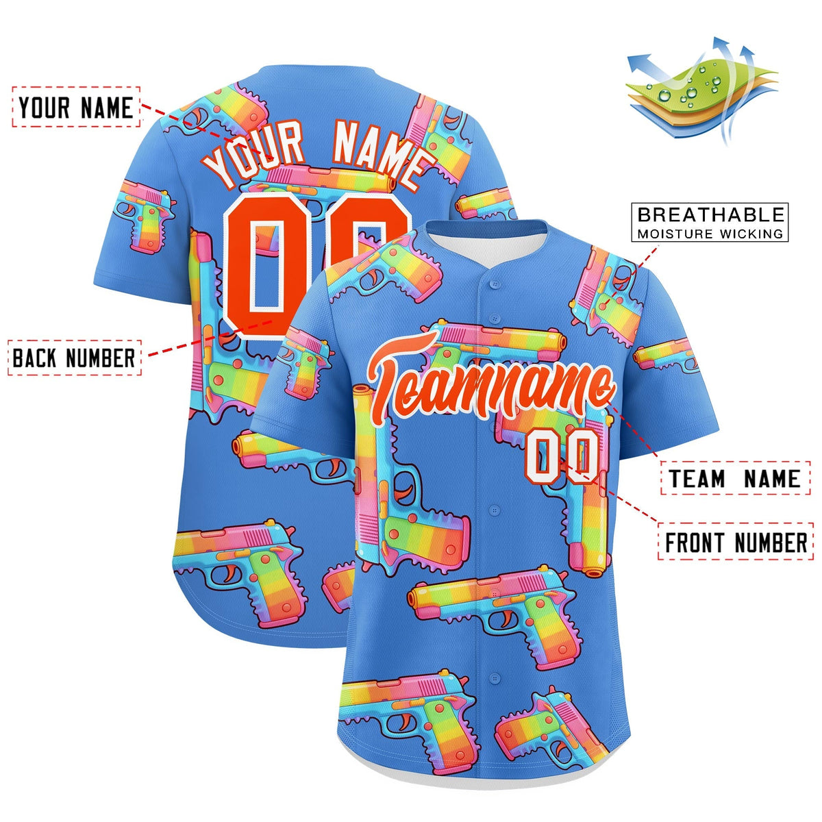 Custom Youth Baseball Jersey Powder Blue Orange Sugar-Coated Firepower Graffiti Pattern Hip-hop