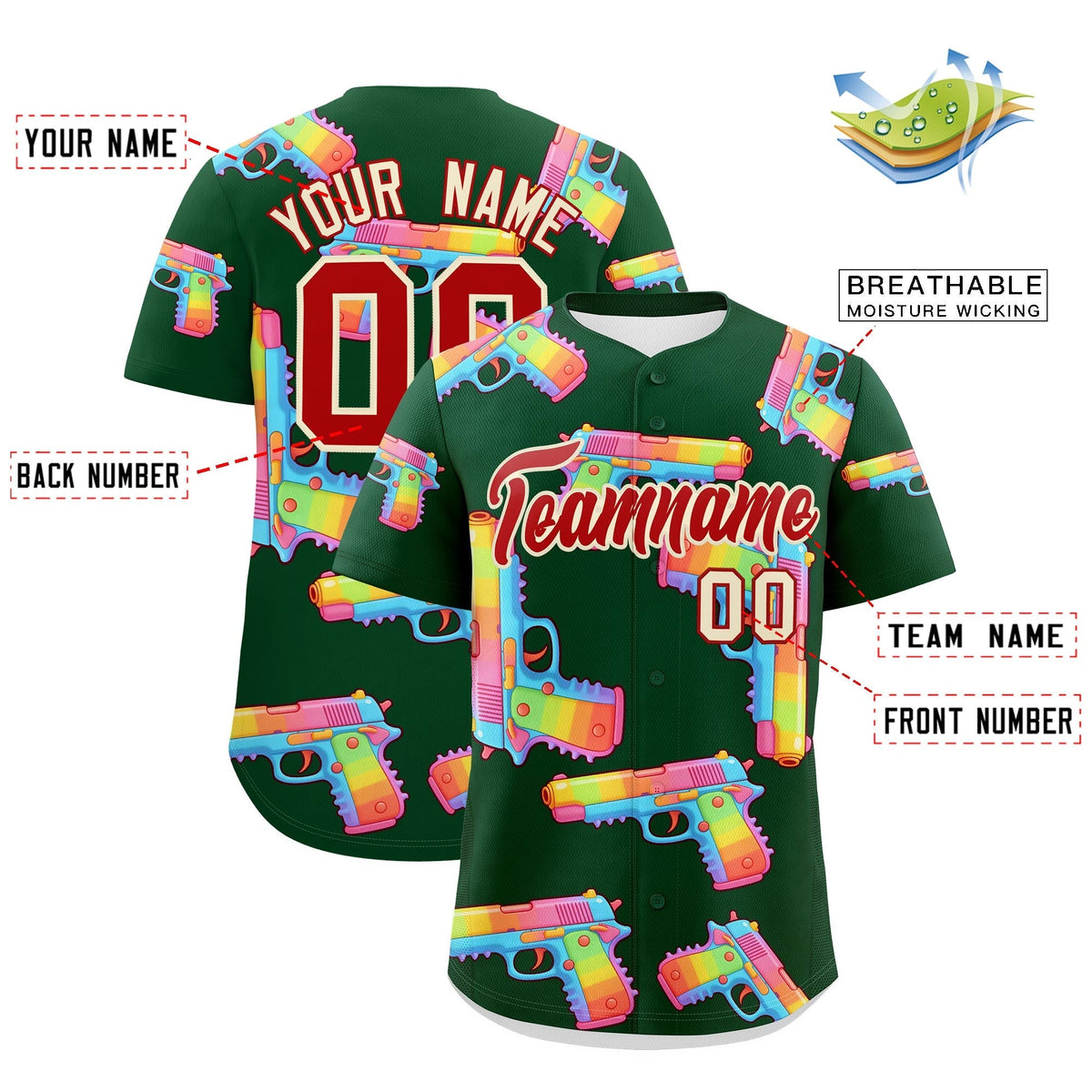 Custom Youth Baseball Jersey Dark Green Red Sugar-Coated Firepower Graffiti Pattern Urban Fashion
