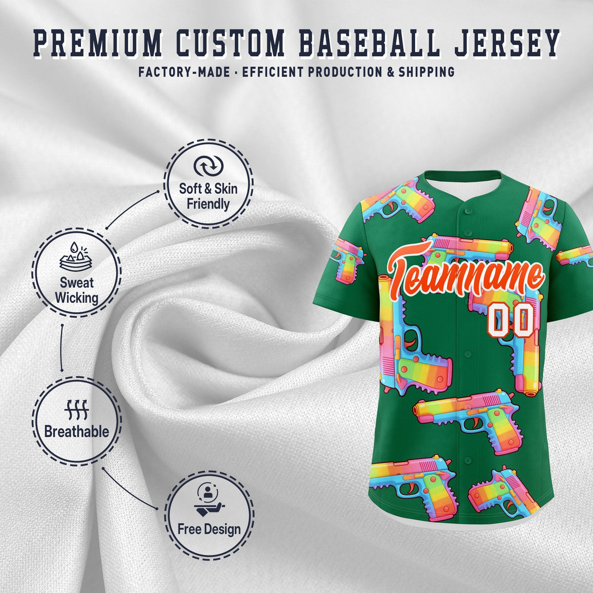 Custom Youth Baseball Jersey Kelly Green Orange Sugar-Coated Firepower Graffiti Pattern Street Style