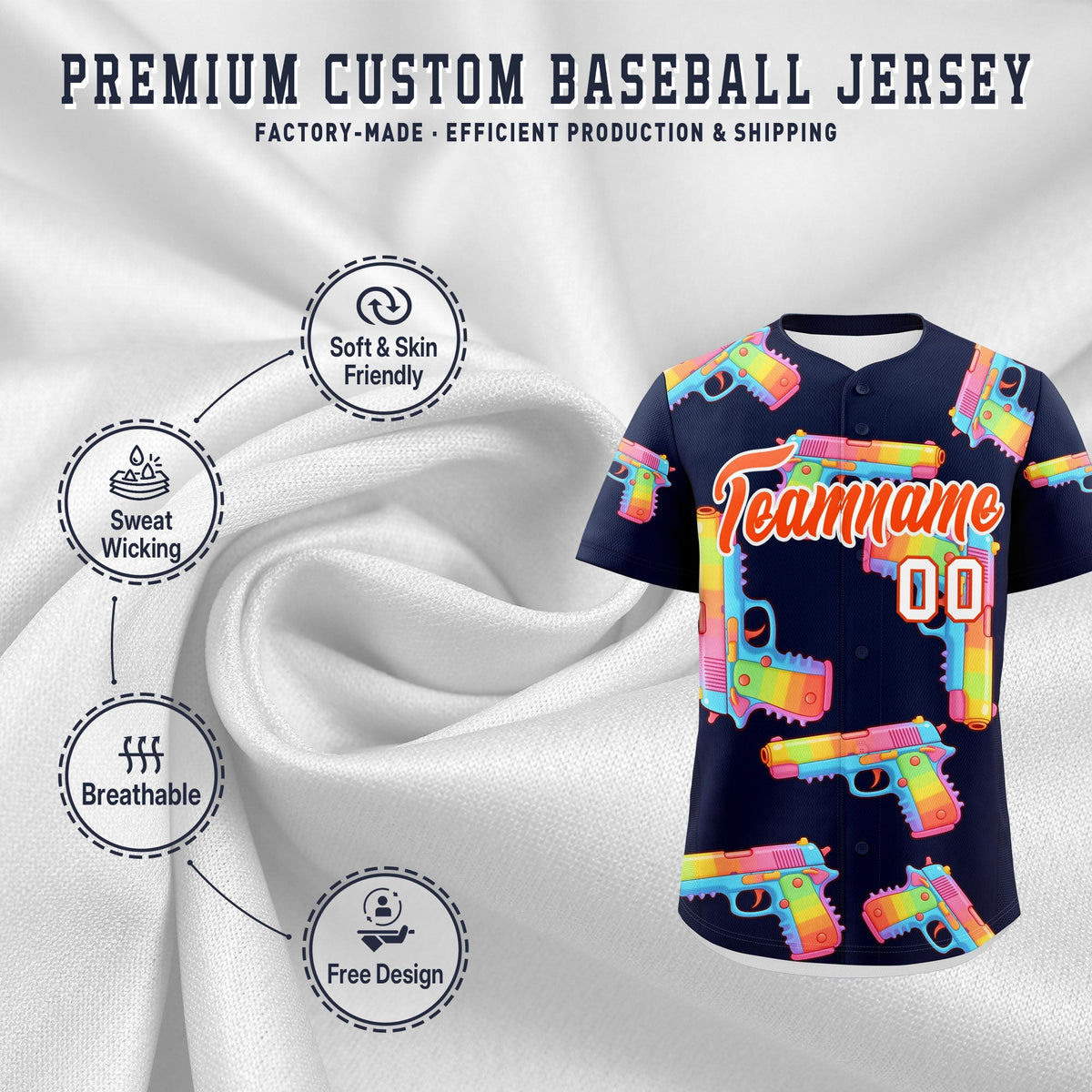 Custom Youth Baseball Jersey Navy Orange Sugar-Coated Firepower Graffiti Pattern Urban Fashion