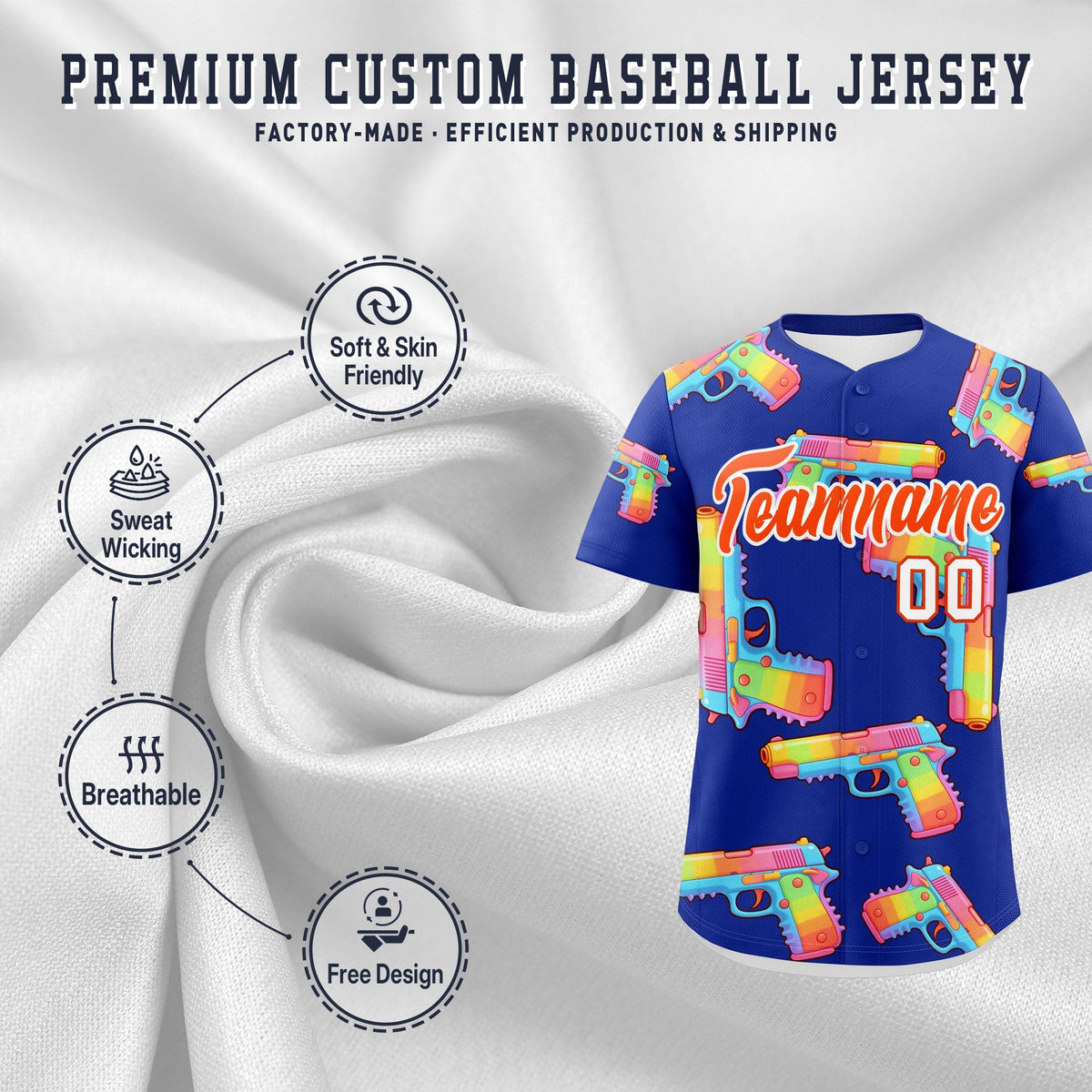 Custom Youth Baseball Jersey Royal Blue Orange Sugar-Coated Firepower Graffiti Pattern Street Style