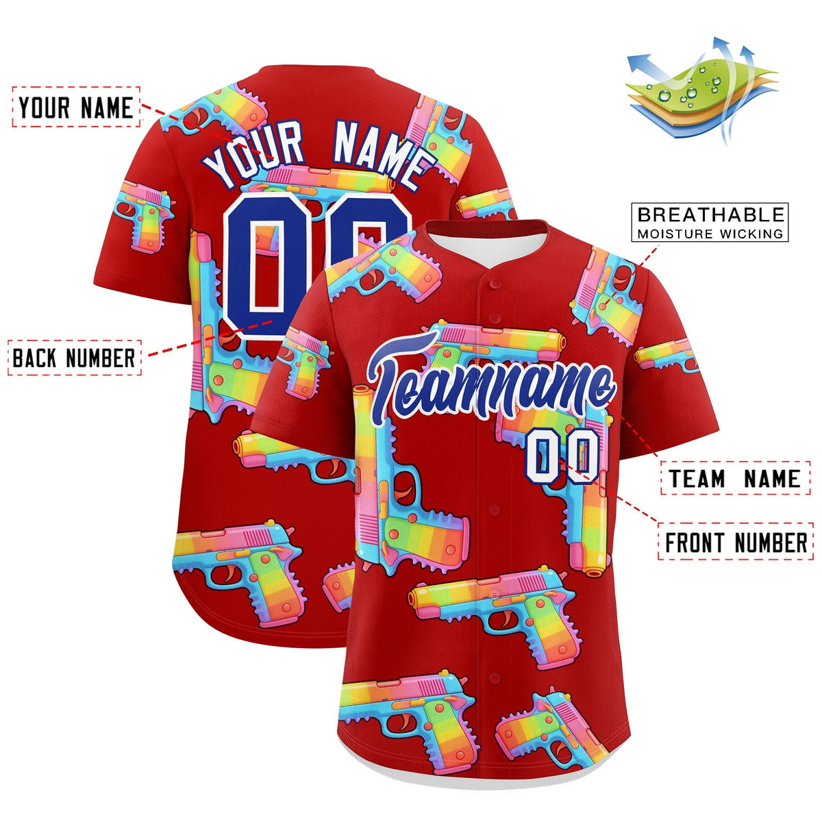 Custom Youth Baseball Jersey Red Royal Blue Sugar-Coated Firepower Graffiti Pattern Hip-hop