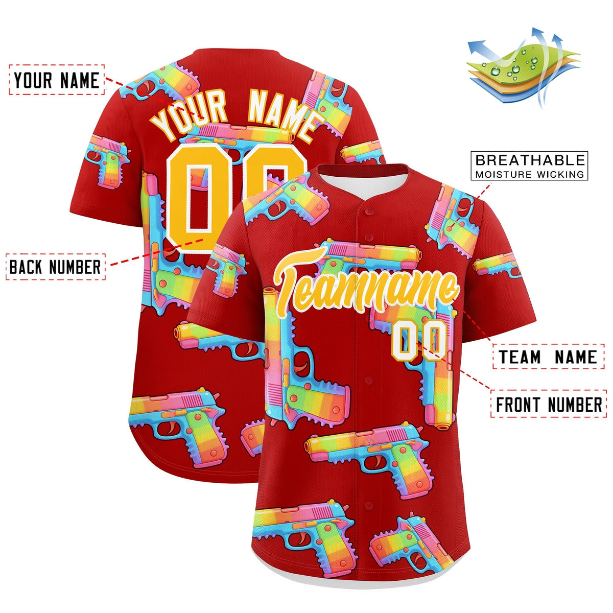 Custom Youth Baseball Jersey Red Yellow Sugar-Coated Firepower Graffiti Pattern Urban Fashion