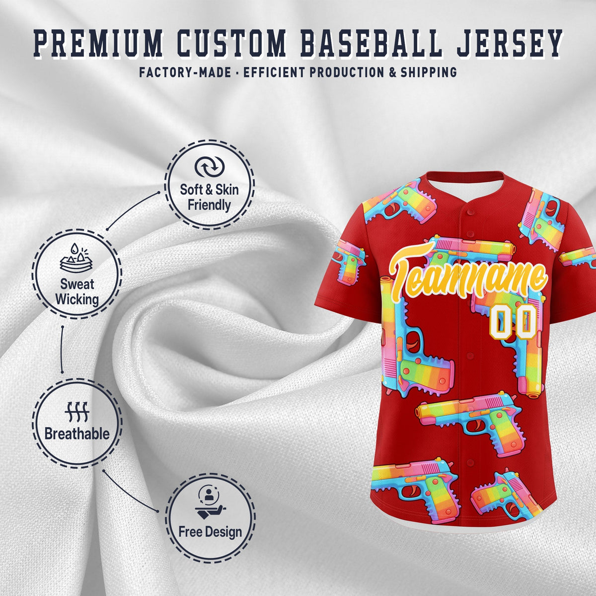 Custom Youth Baseball Jersey Red Yellow Sugar-Coated Firepower Graffiti Pattern Urban Fashion