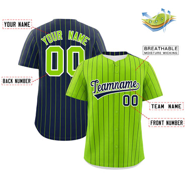 Custom Neon Green Navy Pinstripe Personalized Two-Tone Authentic Baseball Jersey