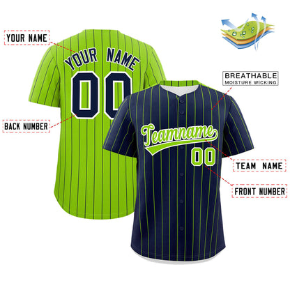 Custom Navy Neon Green Pinstripe Personalized Two-Tone Authentic Baseball Jersey