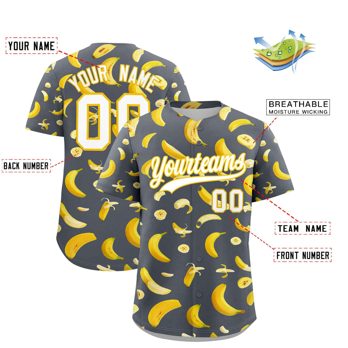 Custom Gray Banana Graffiti Pattern Fashion Authentic Baseball Jersey | Graffiti Pattern | Embroidery&amp;Dye-sublimation printing | KXKSHOP