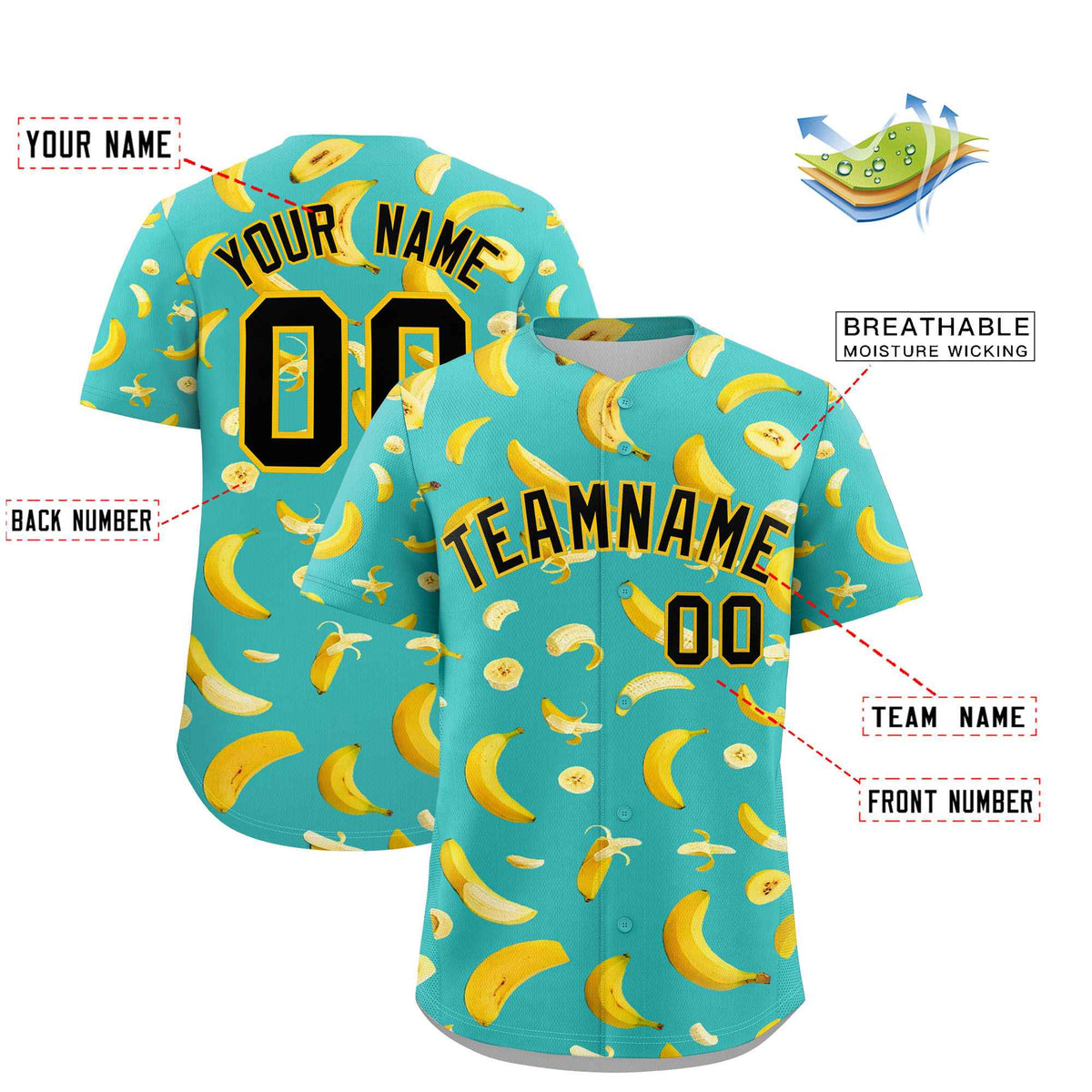 Custom Teal Banana Graffiti Pattern Fashion Authentic Baseball Jersey | Graffiti Pattern | Embroidery&amp;Dye-sublimation printing | KXKSHOP