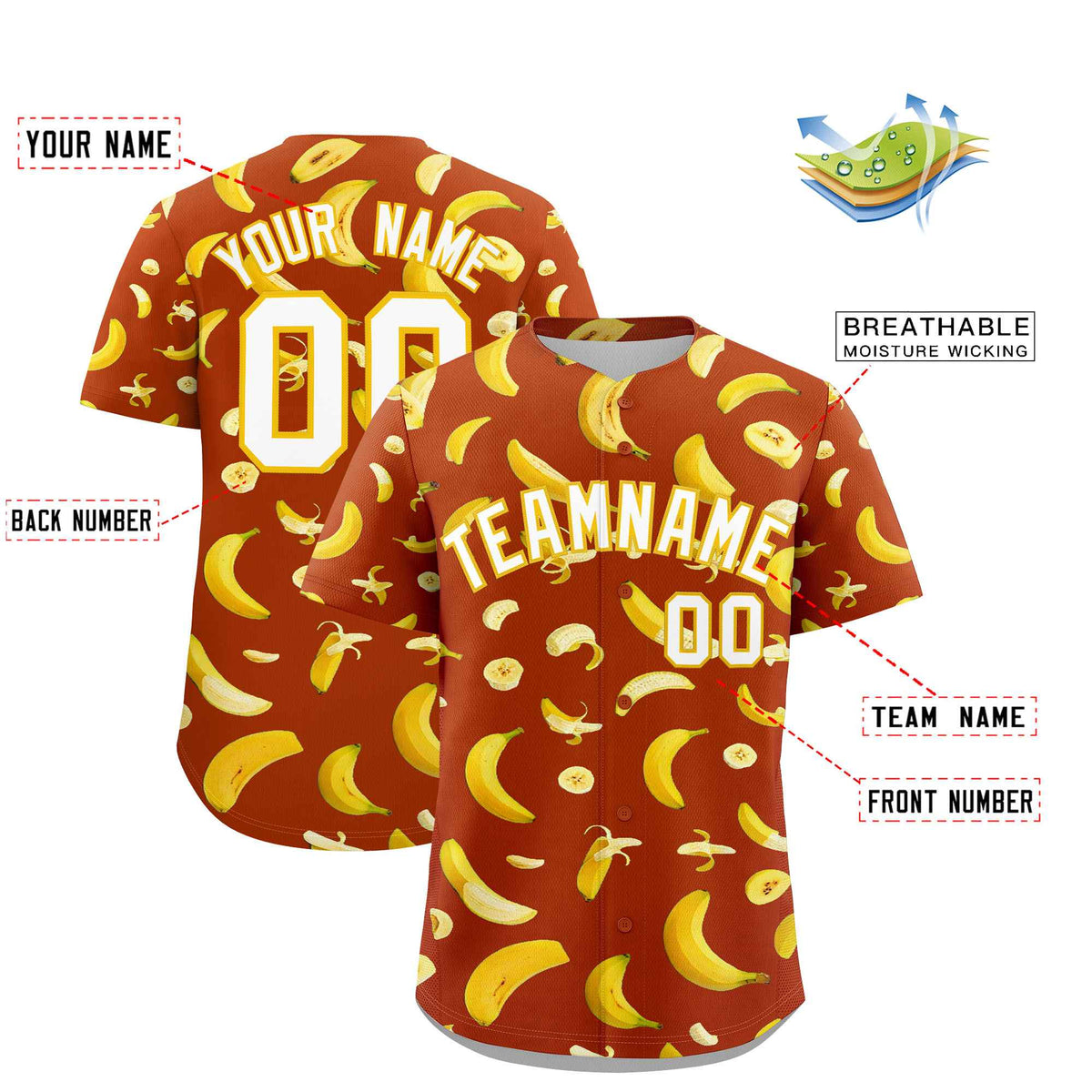 Custom Dark Orange Banana Graffiti Pattern Fashion Authentic Baseball Jersey | Graffiti Pattern | Embroidery&amp;Dye-sublimation printing | KXKSHOP
