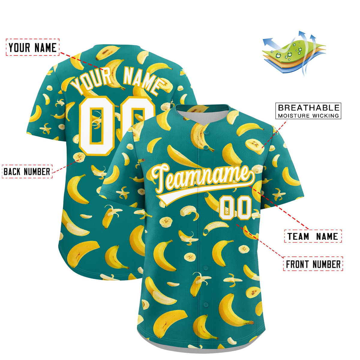 Custom Teal Banana Graffiti Pattern Fashion Authentic Baseball Jersey | Graffiti Pattern | Embroidery&amp;Dye-sublimation printing | KXKSHOP