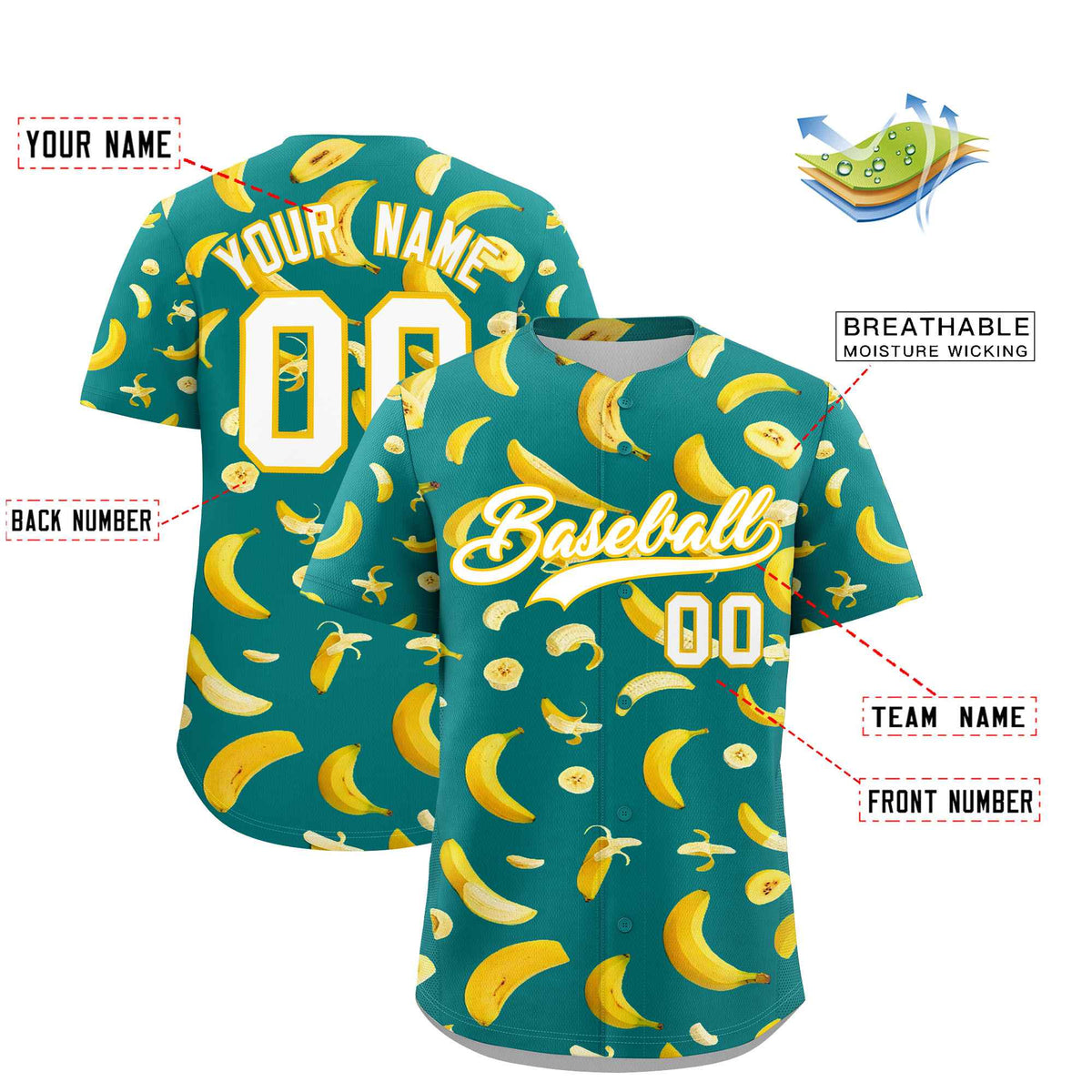 Custom Teal Banana Graffiti Pattern Fashion Authentic Baseball Jersey | Graffiti Pattern | Embroidery&amp;Dye-sublimation printing | KXKSHOP
