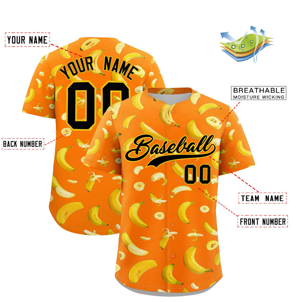 Custom Orange Banana Graffiti Pattern Fashion Authentic Baseball Jersey | Graffiti Pattern | Embroidery&amp;Dye-sublimation printing | KXKSHOP