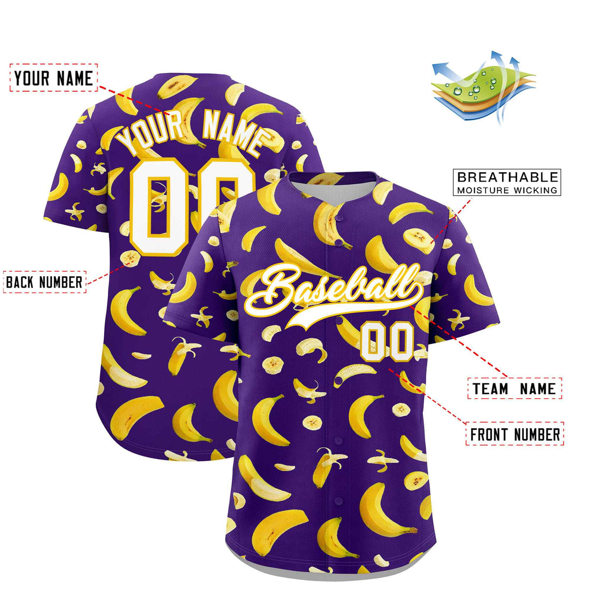 Custom Purple Banana Graffiti Pattern Fashion Authentic Baseball Jersey | Graffiti Pattern | Embroidery&amp;Dye-sublimation printing | KXKSHOP