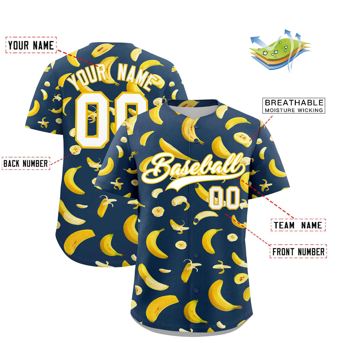 Custom Midnight Blue Banana Graffiti Pattern Fashion Authentic Baseball Jersey | Graffiti Pattern | Embroidery&amp;Dye-sublimation printing | KXKSHOP