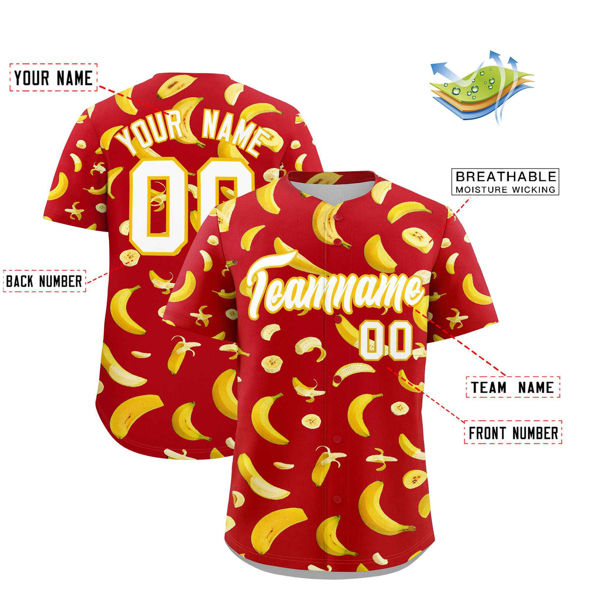 Custom Red Banana Graffiti Pattern Fashion Authentic Baseball Jersey | Graffiti Pattern | Embroidery&amp;Dye-sublimation printing | KXKSHOP