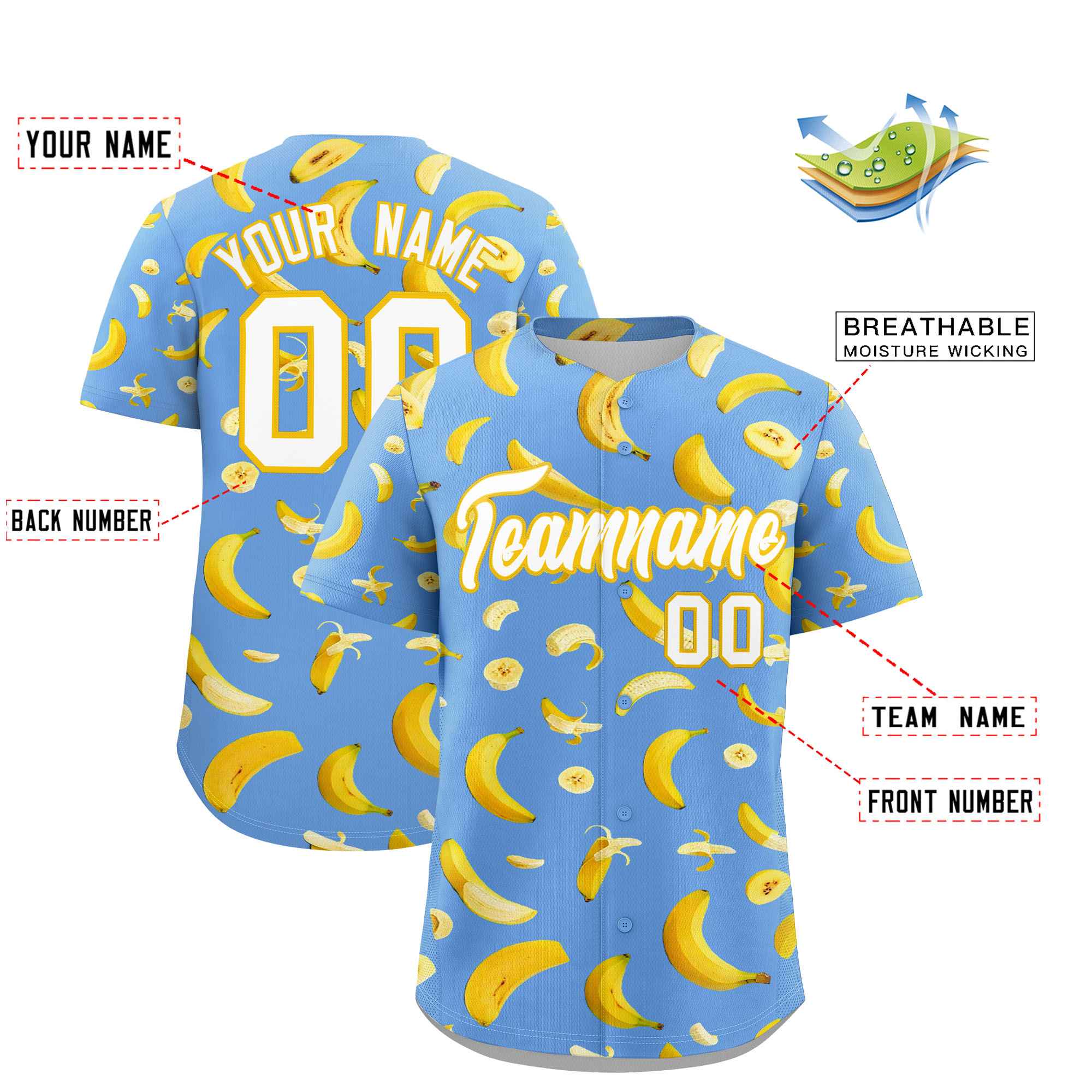 Custom Light Blue Banana Graffiti Pattern Fashion Authentic Baseball Jersey | Graffiti Pattern | Embroidery&Dye-sublimation printing | KXKSHOP