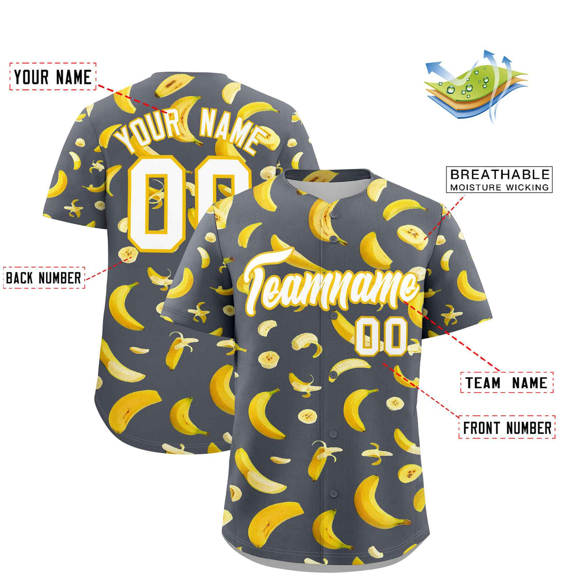 Custom Gray Banana Graffiti Pattern Fashion Authentic Baseball Jersey | Graffiti Pattern | Embroidery&amp;Dye-sublimation printing | KXKSHOP