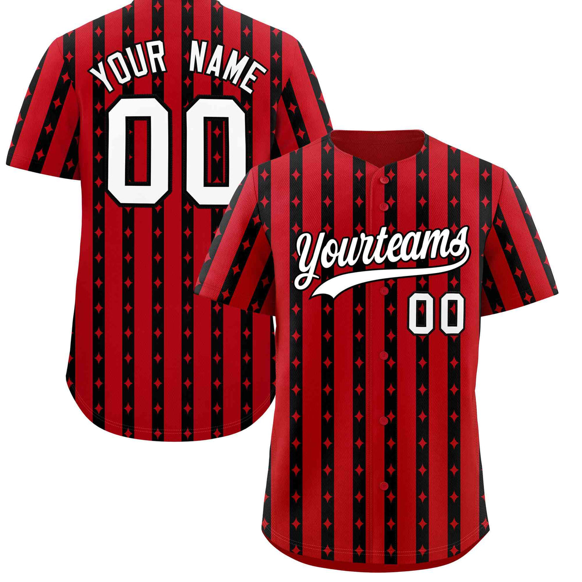 Custom Red Black Star Pattern Thick Stripes Baseball Jersey