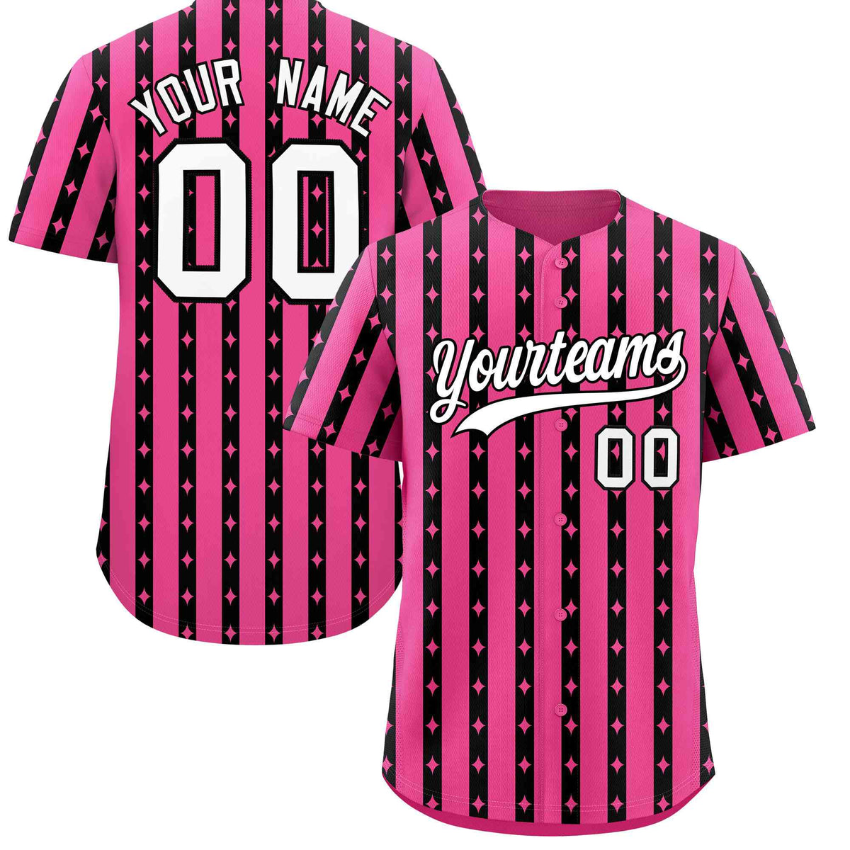 Custom Pink Black Star Pattern Thick Stripes Baseball Jersey