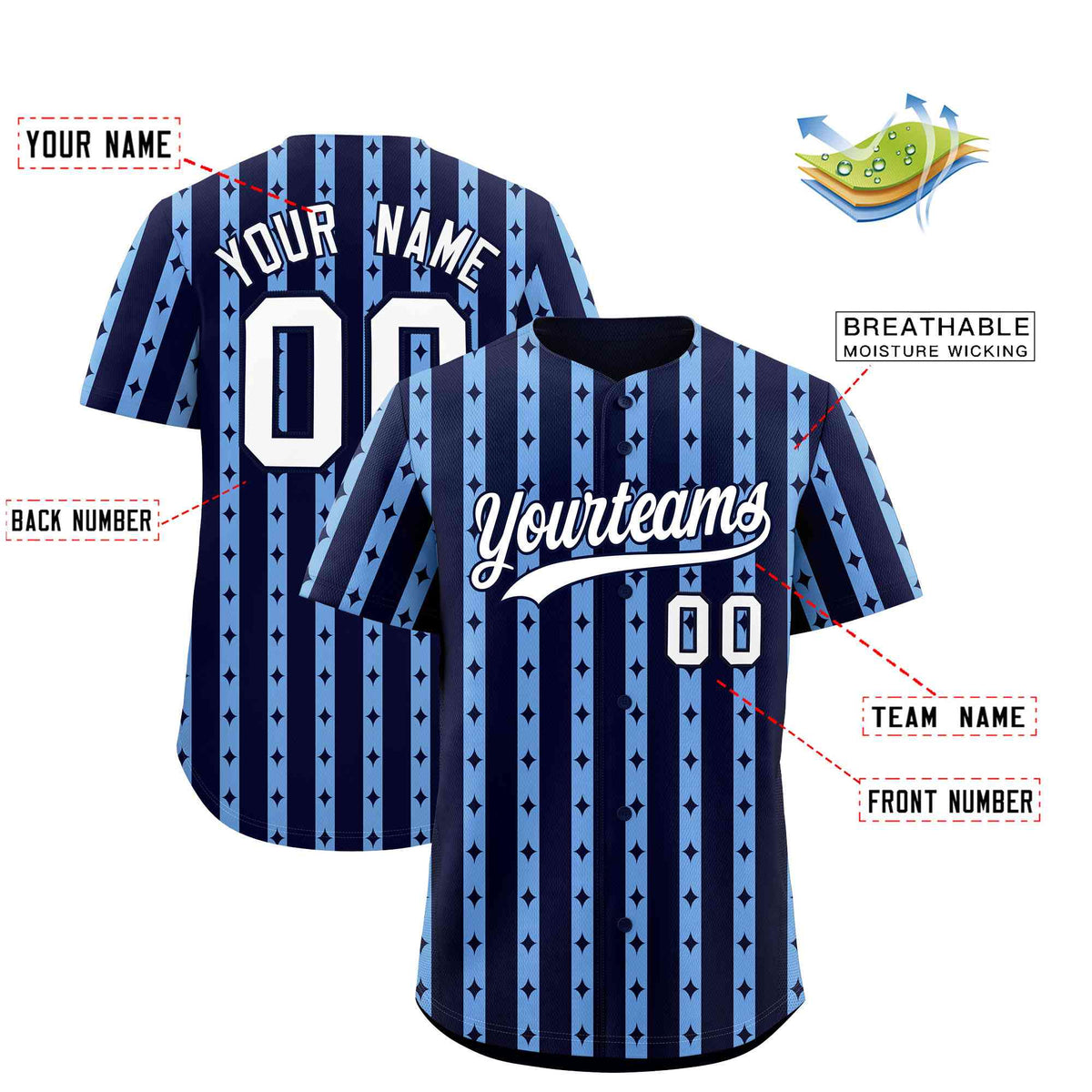 Custom Navy Light Blue Star Pattern Thick Stripes Baseball Jersey