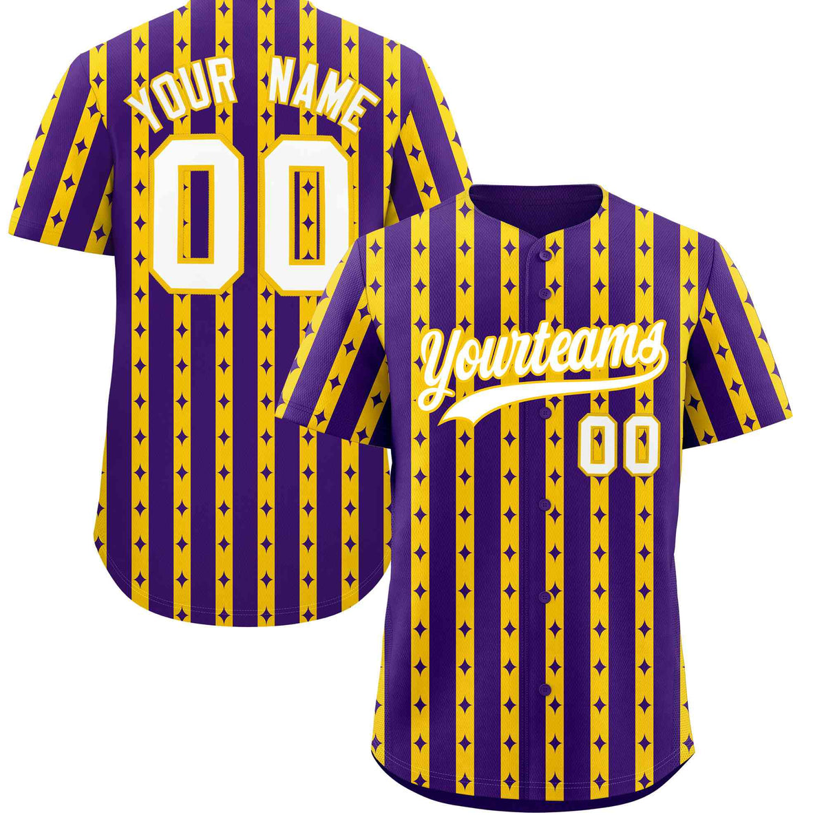 Custom Purple Gold Star Pattern Thick Stripes Baseball Jersey