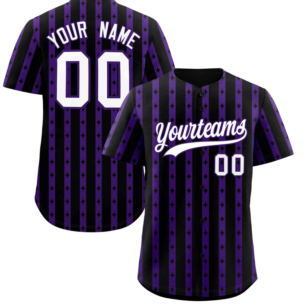 Custom Black Purple Star Pattern Thick Stripes Baseball Jersey