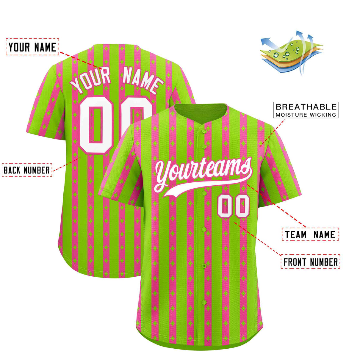Custom Neon Green Pink Star Pattern Thick Stripes Baseball Jersey