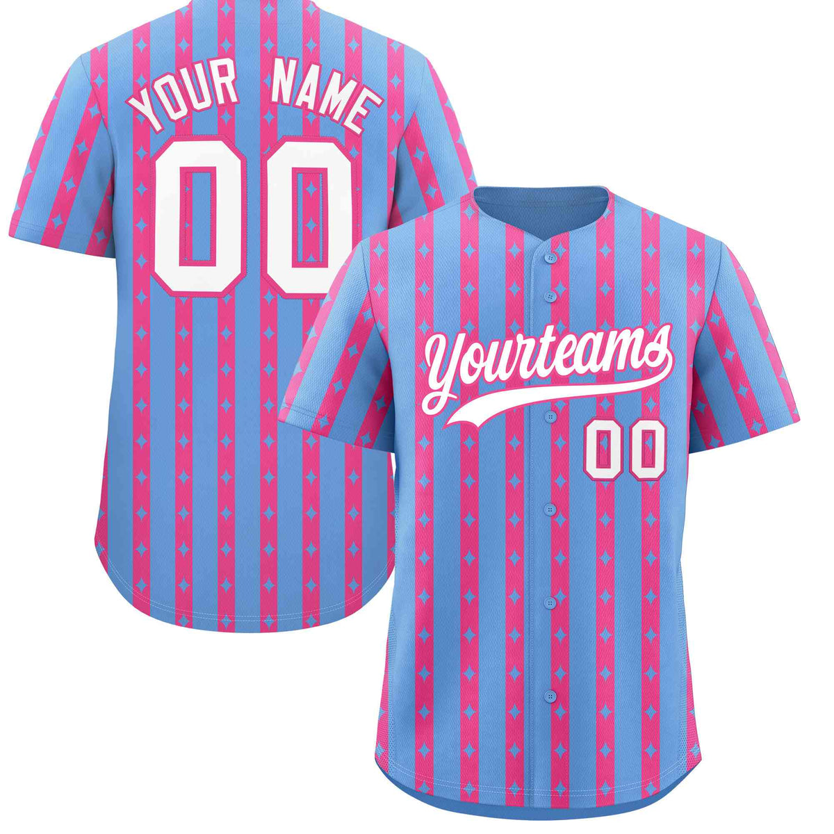 Custom Light Blue Pink Star Pattern Thick Stripes Baseball Jersey