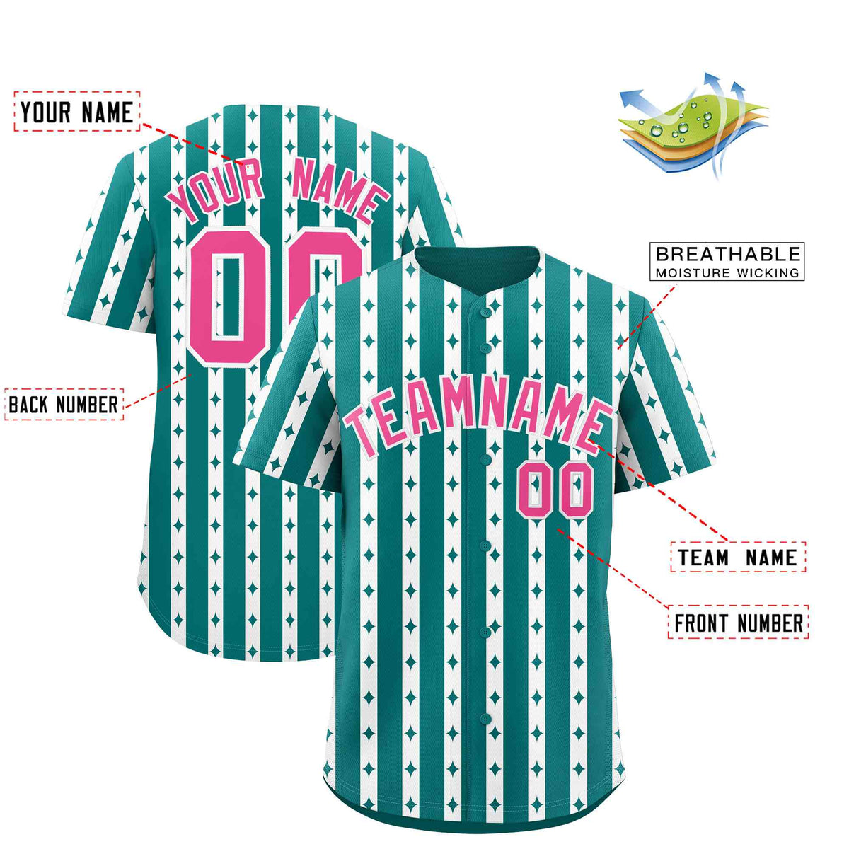 Custom Aqua White Star Pattern Thick Stripes Baseball Jersey