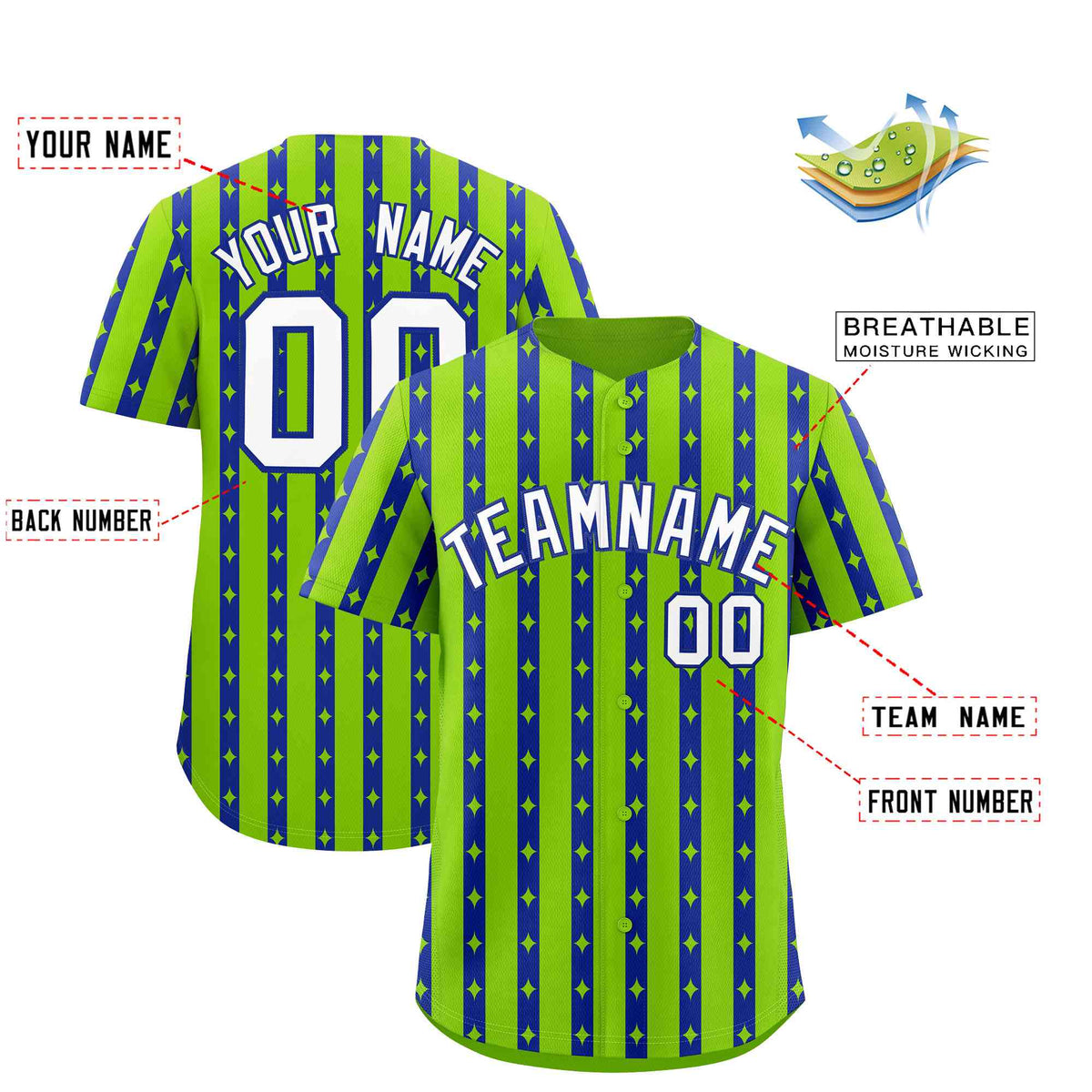 Custom Neon Green Royal Blue Star Pattern Thick Stripes Baseball Jersey