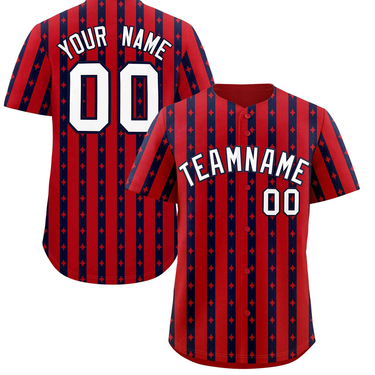 Custom Red Navy Star Pattern Thick Stripes Baseball Jersey