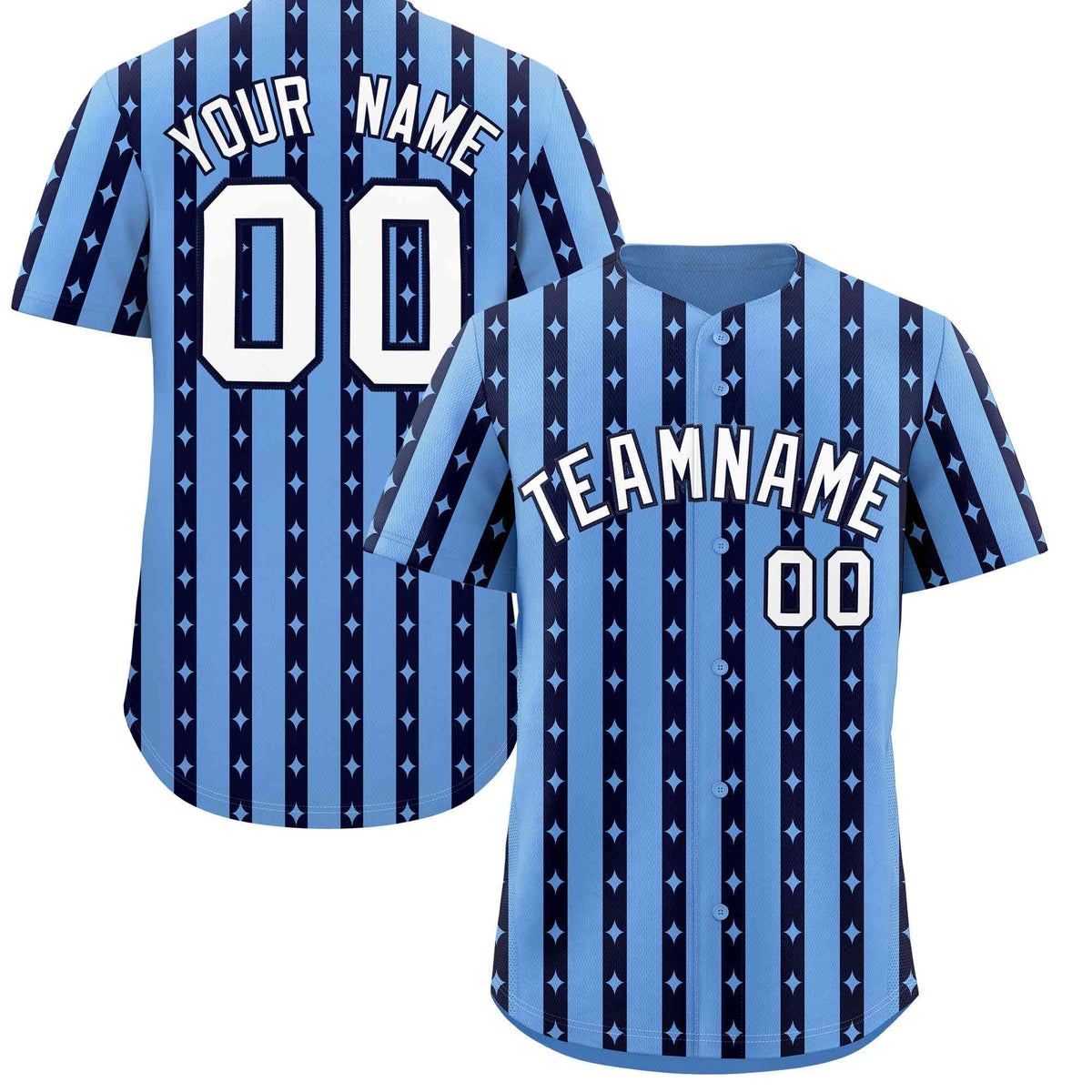 Custom Light Blue Navy Star Pattern Thick Stripes Baseball Jersey