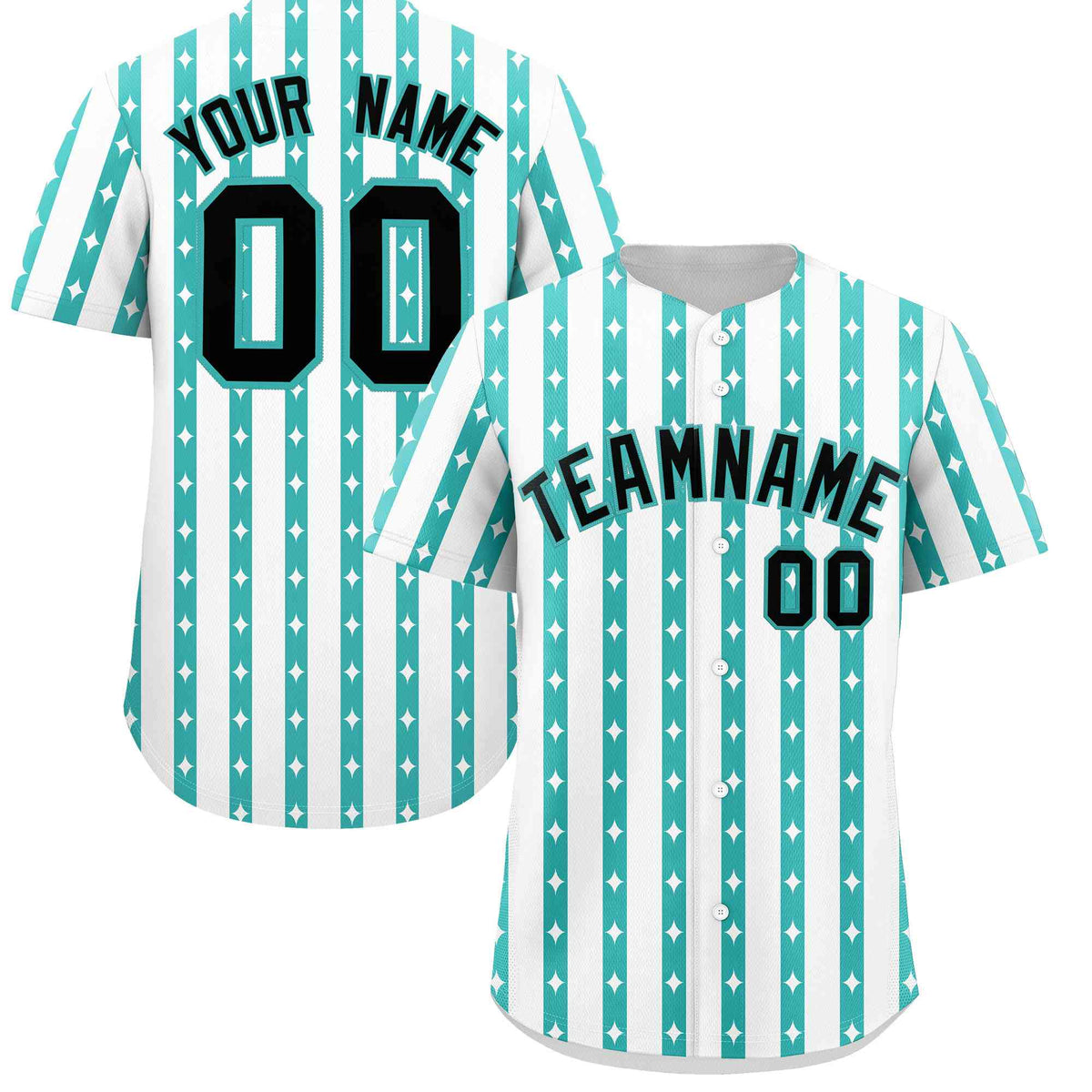 Custom White Teal Star Pattern Thick Stripes Baseball Jersey