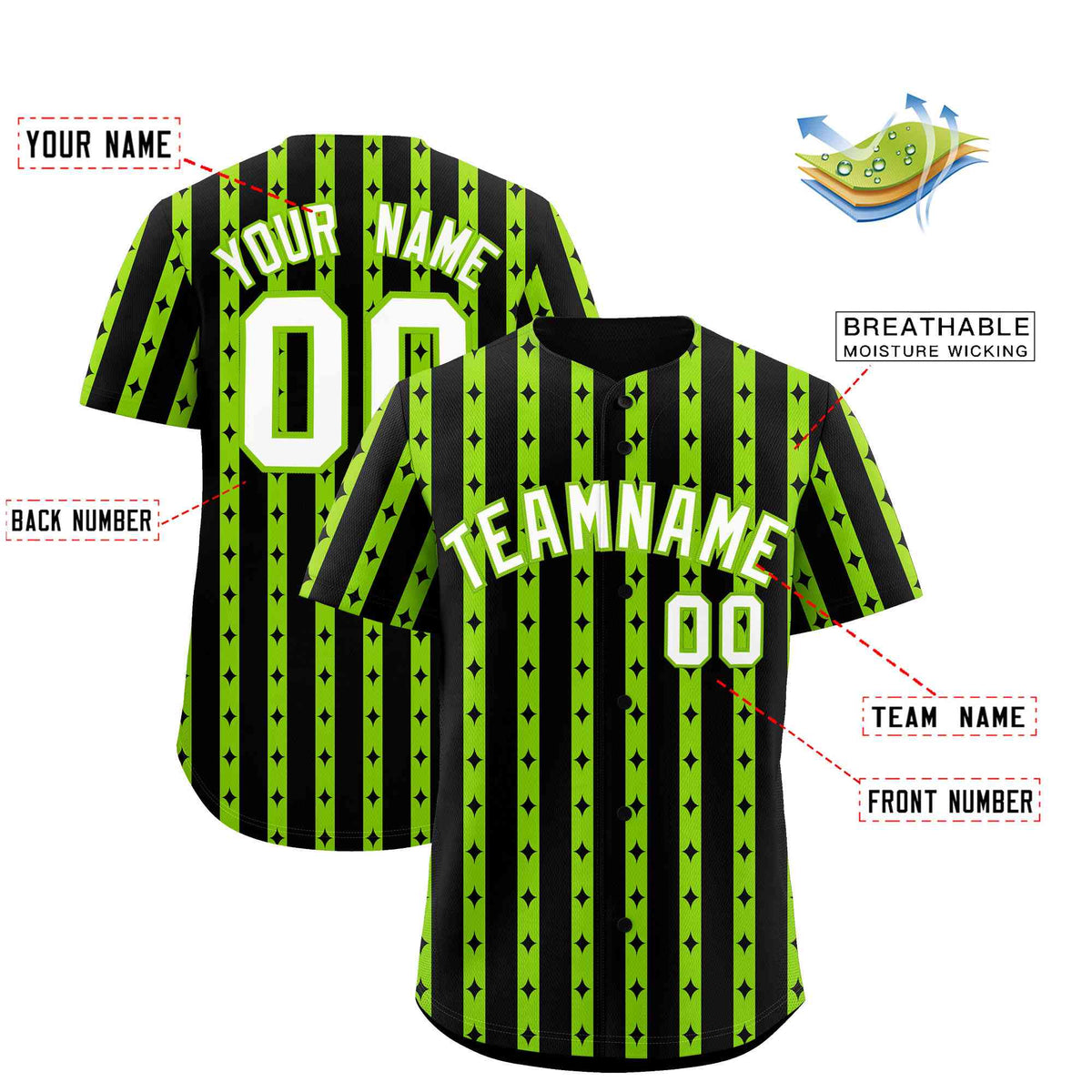 Custom Black Neon Green Star Pattern Thick Stripes Baseball Jersey