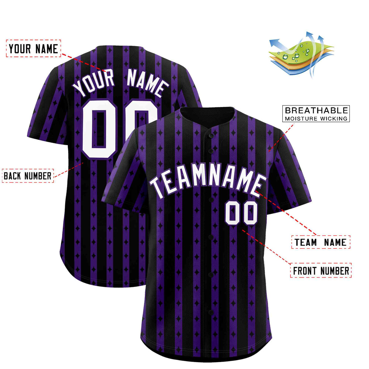Custom Black Purple Star Pattern Thick Stripes Baseball Jersey