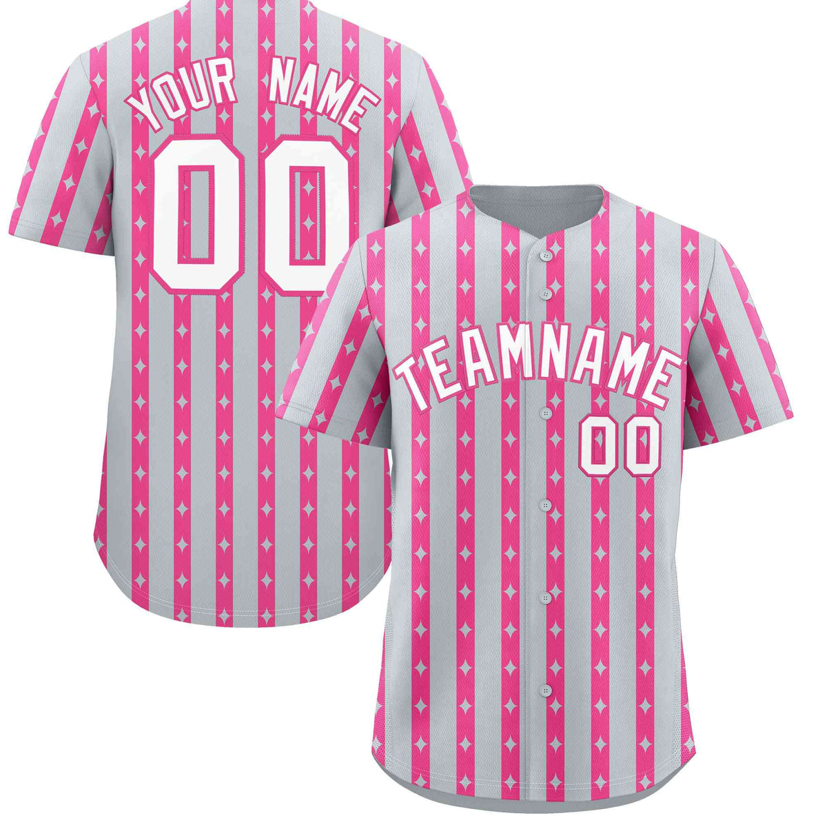 Custom Silver Pink Star Pattern Thick Stripes Baseball Jersey