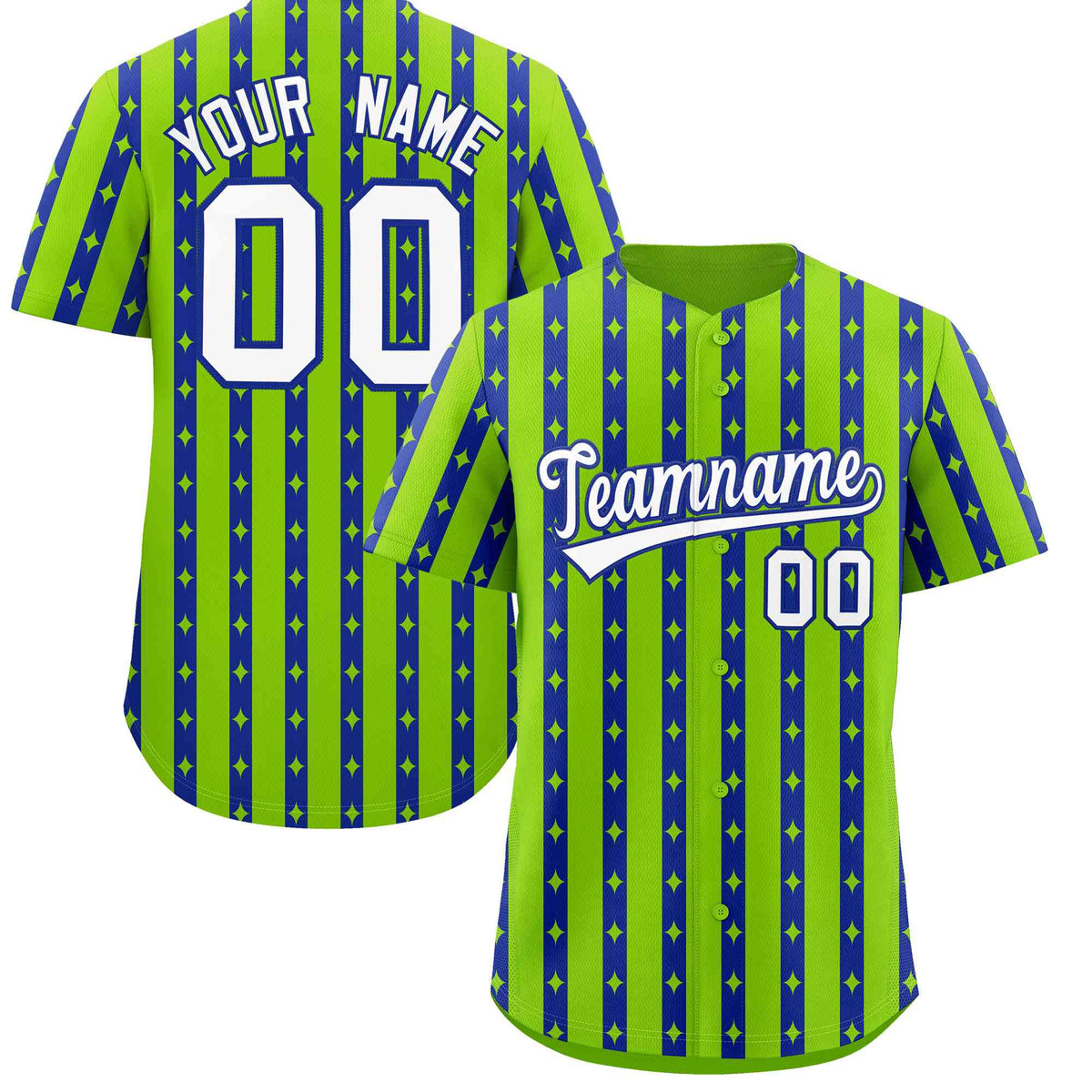Custom Neon Green Royal Blue Star Pattern Thick Stripes Baseball Jersey| KXKSHOP