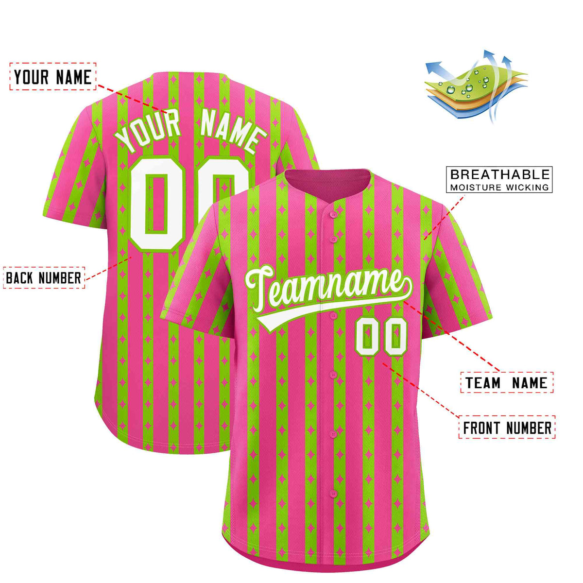 Custom Pink Neon Green Star Pattern Thick Stripes Baseball Jersey| KXKSHOP