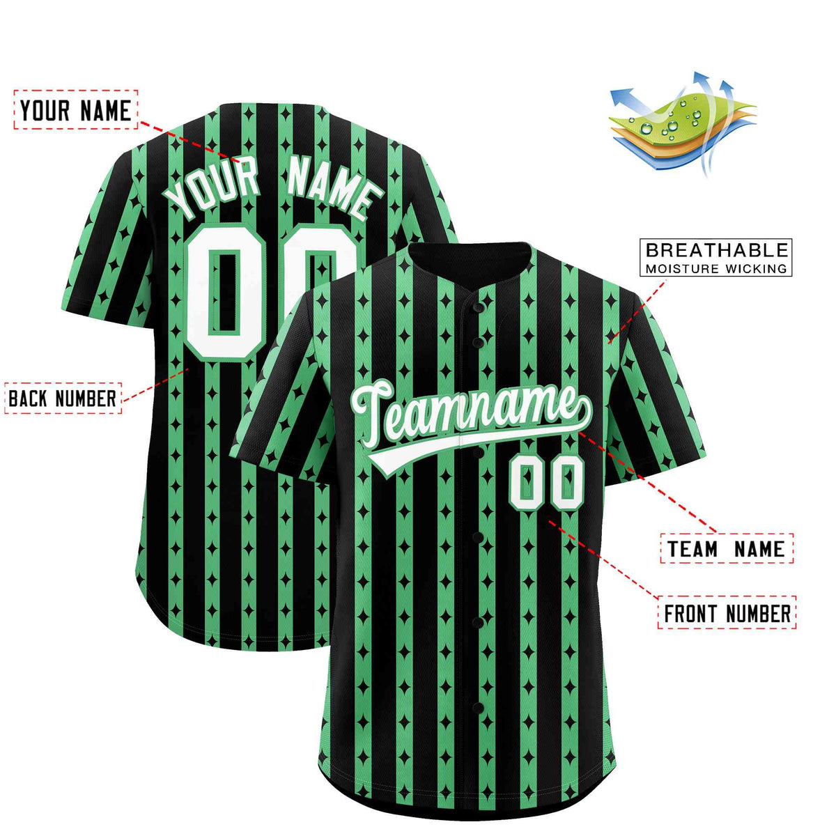 Custom Black Neon Green Star Pattern Thick Stripes Baseball Jersey| KXKSHOP