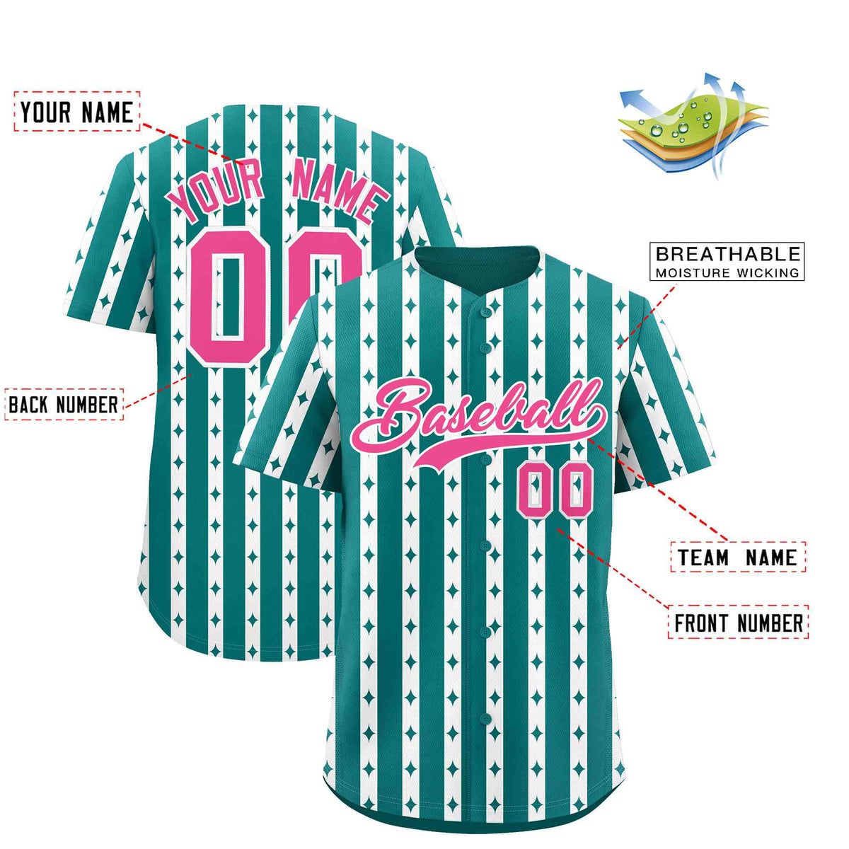 Custom Aqua White Star Pattern Thick Stripes Baseball Jersey