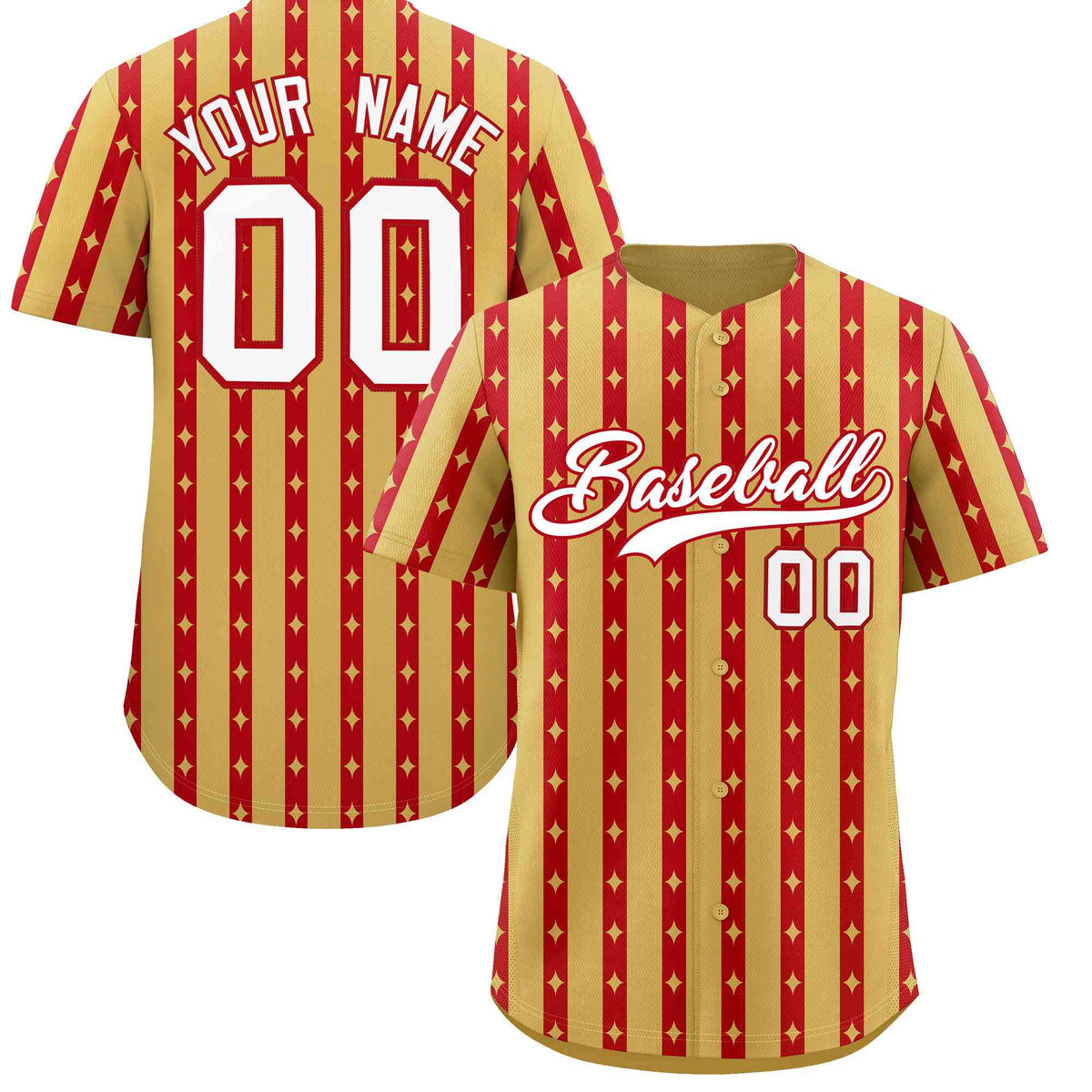 Custom Old Gold Red Star Pattern Thick Stripes Baseball Jersey