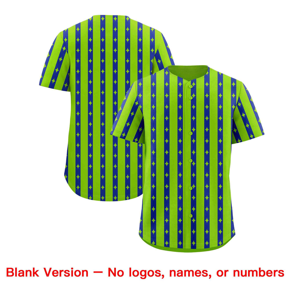 Custom Neon Green Royal Blue Star Pattern Thick Stripes Baseball Jersey