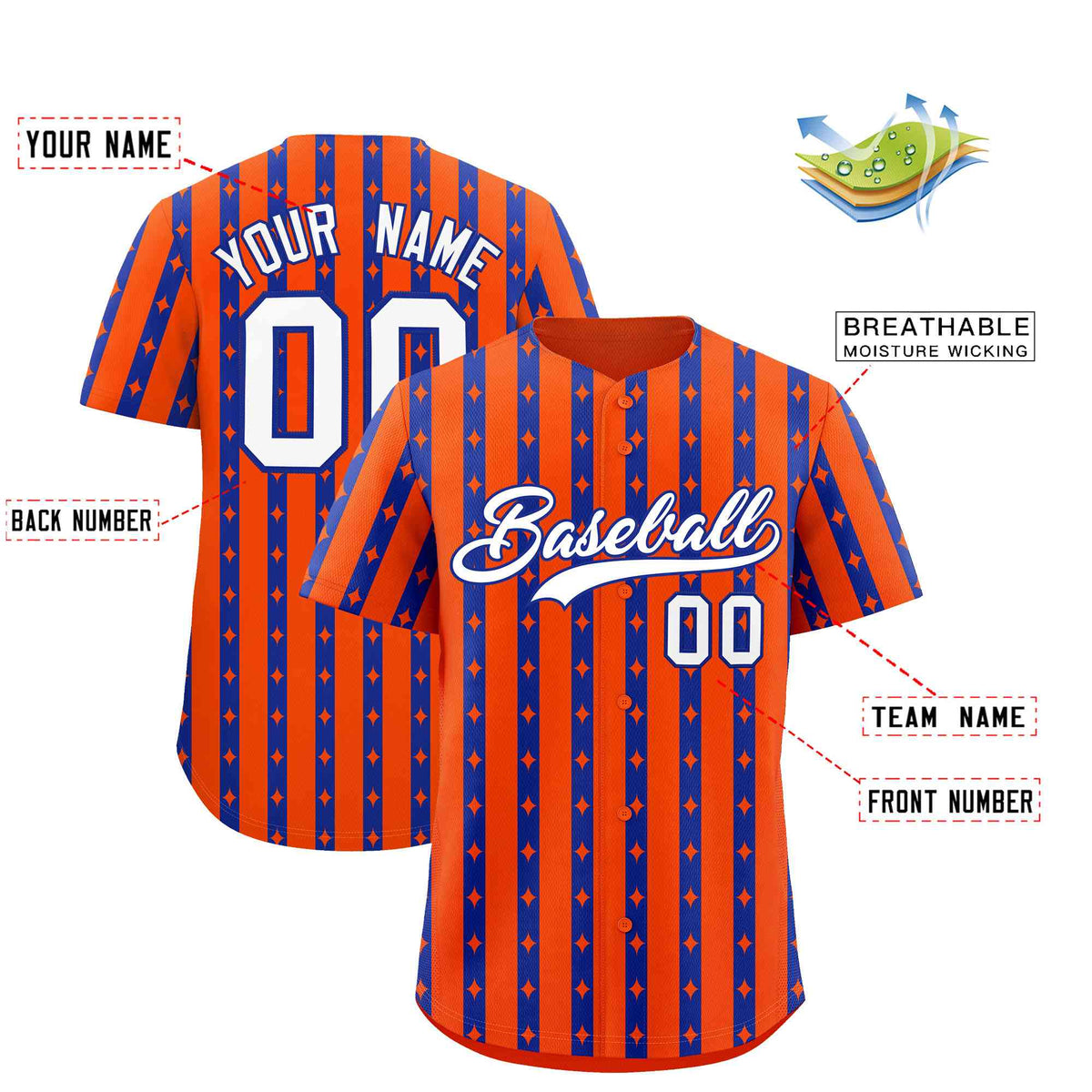 Custom Orange Royal Blue Star Pattern Thick Stripes Baseball Jersey
