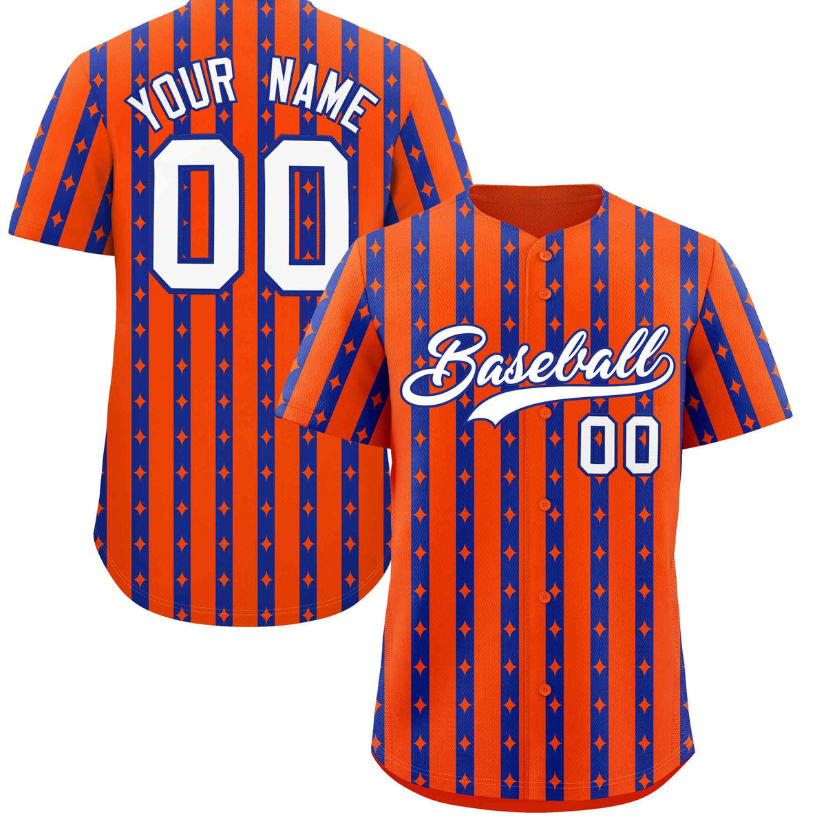 Custom Orange Royal Blue Star Pattern Thick Stripes Baseball Jersey