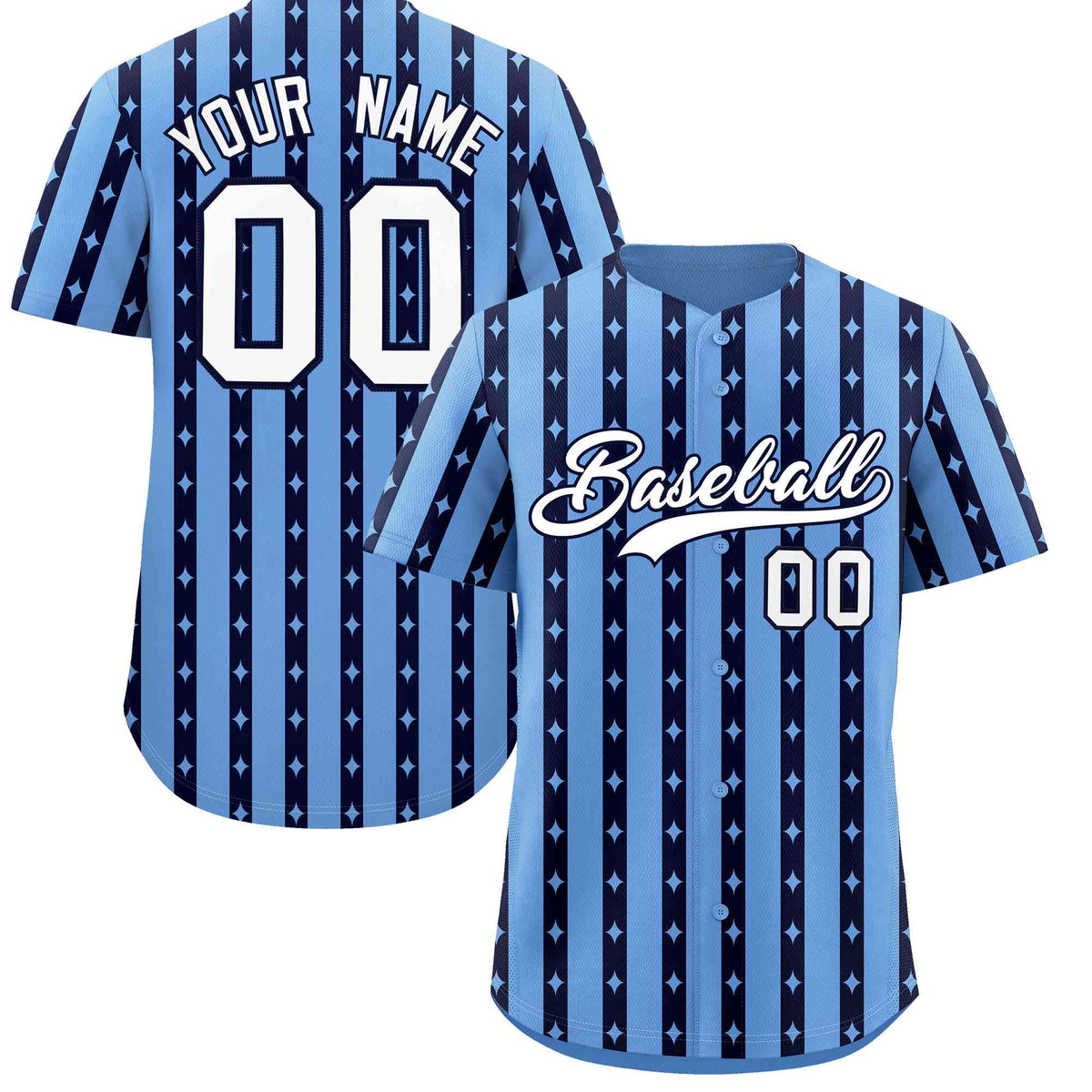 Custom Light Blue Navy Star Pattern Thick Stripes Baseball Jersey