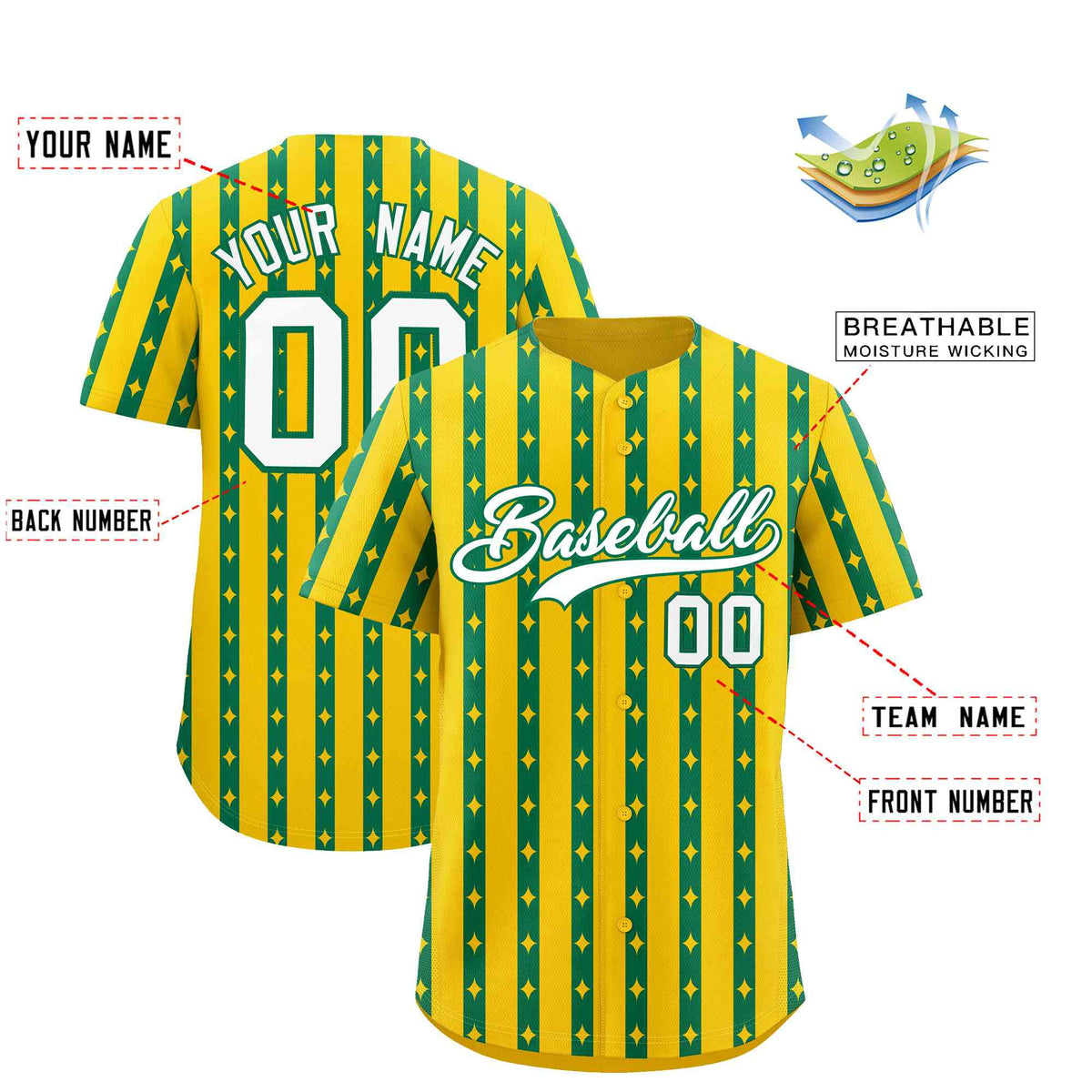 Custom Gold Kelly Green Star Pattern Thick Stripes Baseball Jersey