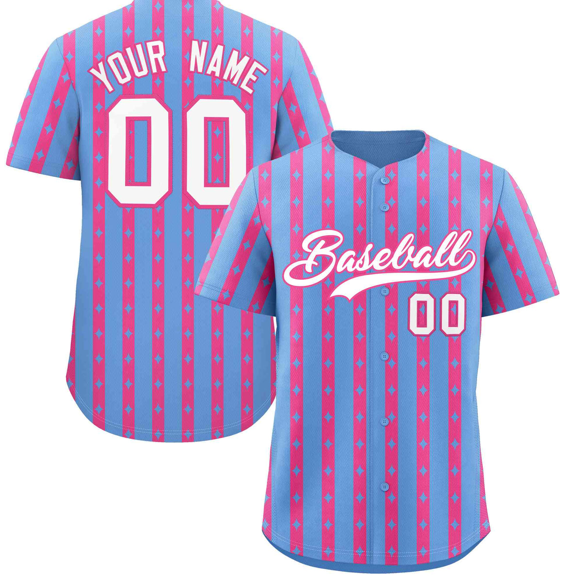 Custom Light Blue Pink Star Pattern Thick Stripes Baseball Jersey