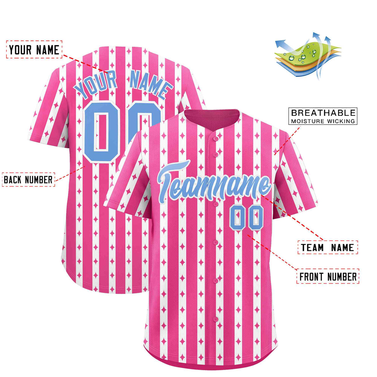 Custom Pink White Star Pattern Thick Stripes Baseball Jersey