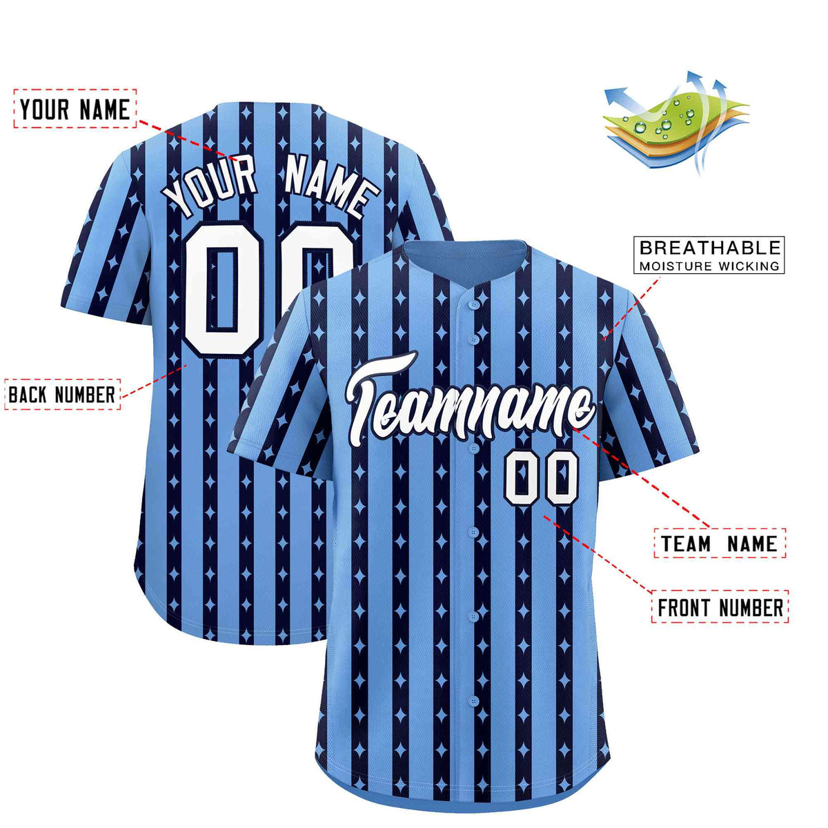 Custom Light Blue Navy Star Pattern Thick Stripes Baseball Jersey