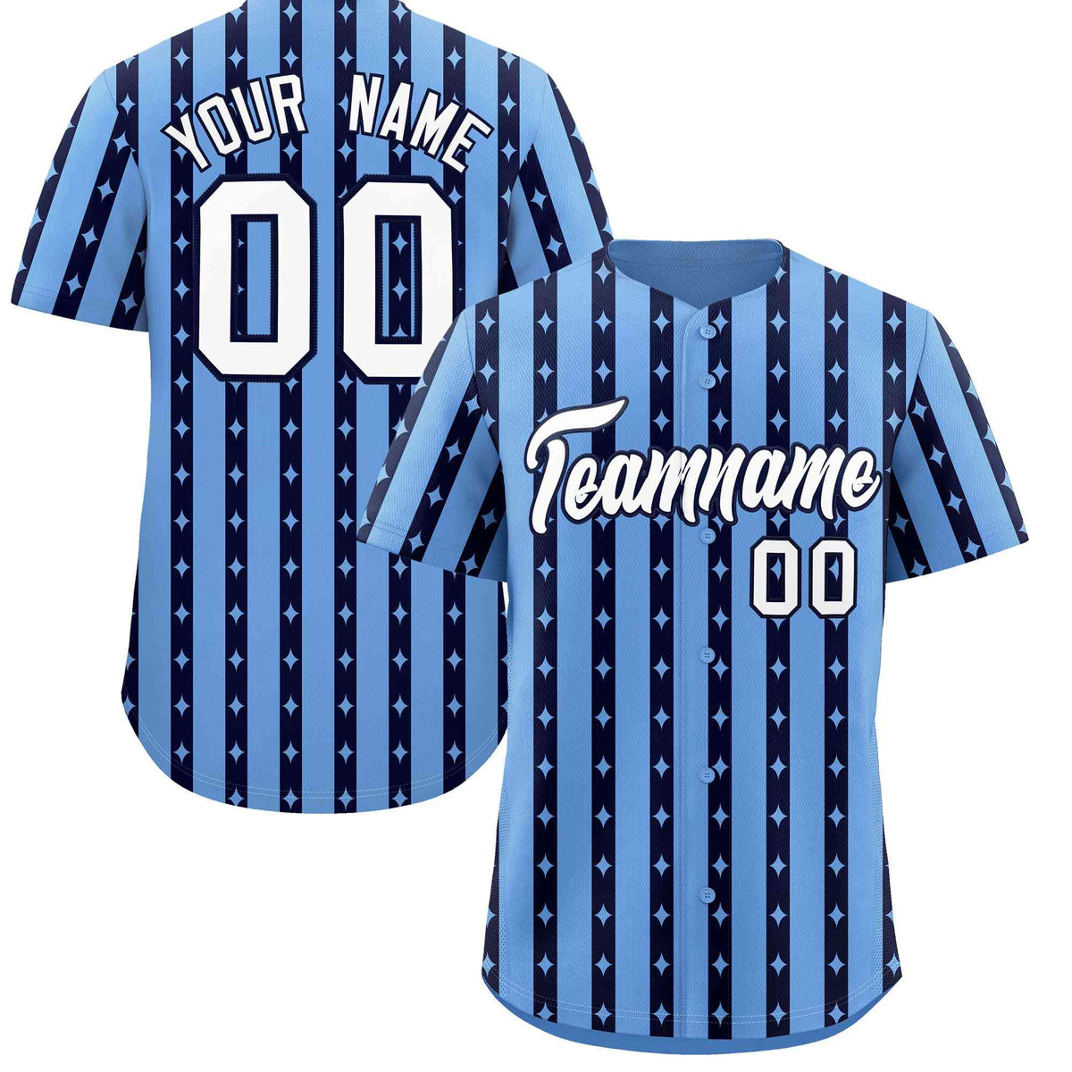 Custom Light Blue Navy Star Pattern Thick Stripes Baseball Jersey